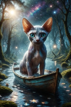 Design a surreal scene where a Sphynx cat with iridescent skin tones and eyes that shimmer like stars sails in a glass boat along a river of milk amidst an enchanted forest.