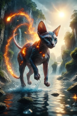 Design a fantasy scene where a Sphynx cat with fire skin plunges into the crystal waters of a diamond lake in an enchanted valley full of celestial light and shimmering waterfalls.