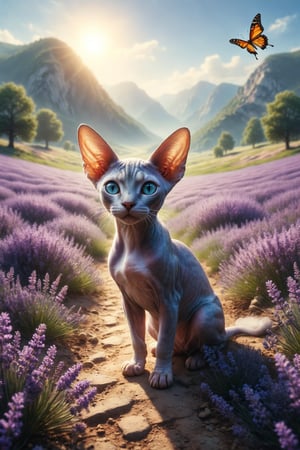 Create an illustration of a Sphynx cat with butterfly wings flying over a lavender field in a peaceful valley full of sweet scents and gentle breezes on a sunny spring day.