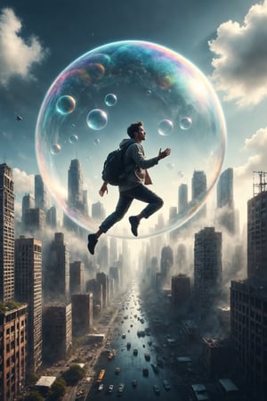 Create an illustration of a person floating in a giant soap bubble over a city full of skyscrapers.