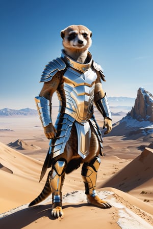 High definition photorealistic render of a incredible and mysterious mythological character of a warrior he must be standing, meerkat-men fuioned head meerkat animal fuioned whit full body men, warrior gladiator armor mistycal full body, in a mounstains desert whit luxury architecture parametric design in background, sky efect iridicent, blocks ice, with hypermaximalist details, marble, metal and glass parametric zaha hadid