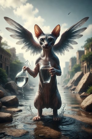 Design an image of a Sphynx cat with wings, pouring water from one jug to another, with one foot on the ground and another in the water, symbolizing harmony, balance, and moderation.