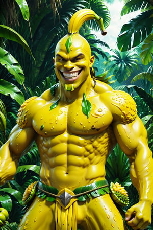 High definition photorealistic render of a incredible and mysterious mythological character of a warrior slime with the body of a man yellow, head and body banana inspiration desig fruit in the character, located in a tropical jungle and with a big smile, a well-armed warrior character ready for war, an excellent muscular banana with hypermaximalist 