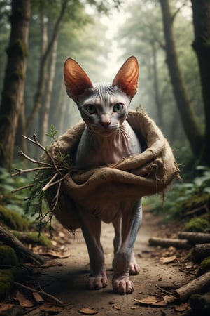 Create a scene of a Sphynx cat carrying a sack full of wooden branches, symbolizing effort, responsibility and the burden of overwhelming tasks.