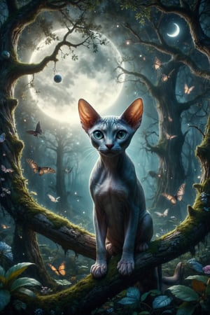 Create an illustration of a Sphynx cat with moon eyes, contemplating the nighttime landscape from a tree branch in an enchanted forest full of magical creatures.