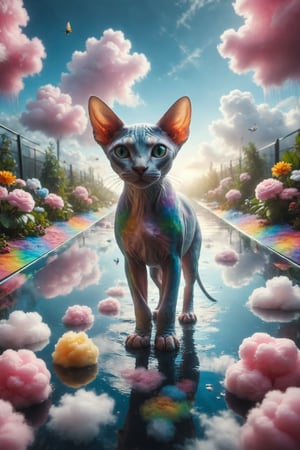 Generate a surreal image of a Sphynx cat with rainbow skin walking on a glass bridge in a floating garden in the sky, surrounded by cotton candy clouds.