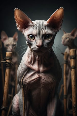It generates an image of an injured Sphynx cat with a tired but determined face, leaning on a cane and surrounded by other canes, symbolizing resilience, perseverance and preparation for the last test.