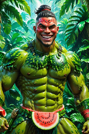 High definition photorealistic render of a incredible and mysterious mythological character of a warrior slime with the body of a man, located in a tropical jungle and with a big smile, a well-armed warrior character ready for war, an excellent muscular watermelon with hypermaximalist details