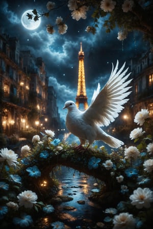 Create a nocturnal scene where a bioluminescent white dove, with feathers emitting a soft blue glow, perches on a branch adorned with flowers in a lush floral garden. Around the branch, there are velvet fabrics in dark, rich tones intertwined with golden chains, creating a dramatic backdrop. In the distance, the iconic Eiffel Tower is glimpsed, illuminated by flashes of light reflecting in the nearby water. The combination of natural and urban elements creates a magical and surreal atmosphere.