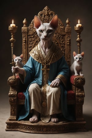 Generate a scene where a Sphynx cat is seated on a throne with two cats at its feet, symbolizing teaching and tradition. The cat wears a ceremonial robe and holds a three-cross scepter.