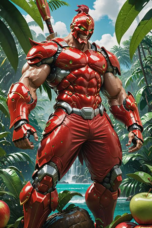 High definition photorealistic render of a incredible and mysterious mythological character of a warrior slime with the body of a man red, head and body apple inspiration desig fruit in the character, located in a tropical jungle and with a big smile, a well-armed warrior character ready for war, an excellent muscular apple with hypermaximalist details,mecha,animification,robot,nindi