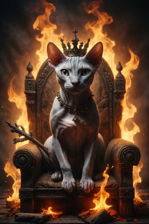 Design a scene of a male Sphynx cat with a crown on his head and holding a wooden branch, on a throne decorated with salamanders and flames, holding a staff, symbolizing leadership, vision and entrepreneurial energy.