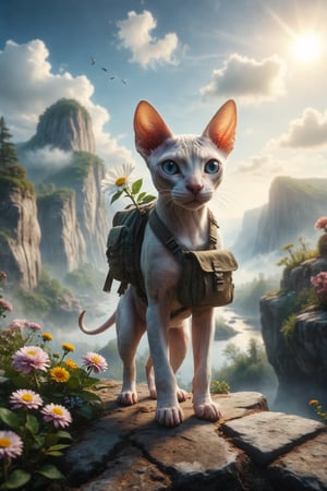 Design a scene where a Sphynx cat walks carefree at the edge of a cliff, carrying a backpack and a flower in its mouth, under a bright sky. Beside it, a white dog follows, symbolizing new beginnings and adventures.