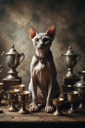 Generate an image of a Sphynx cat sitting with crossed arms, with a row of 9 throphy olden cups behind it, symbolizing satisfaction