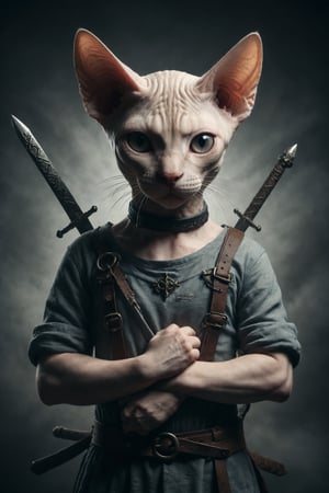 Design a scene of a blindfolded Sphynx cat holding 2 crossed swords over its chest, 
