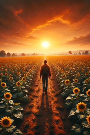 Design a scene of a person walking on a field of sunflowers under an orange sky at dawn.