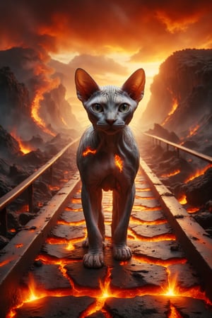 Generate a surreal image of a Sphynx cat with fire skin walking on a glass bridge in a lava valley in a world of active volcanoes and burning skies.