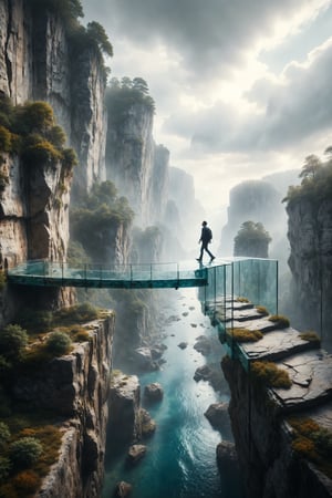 Design a scene of a person walking on a glass bridge suspended between two cliffs with breathtaking views.