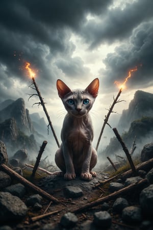 Create an image of a rude angry  Sphynx cat defending its position on a hill, surrounded by wands, symbolizing defense, perseverance, and courage in the face of challenges.