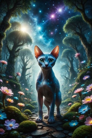 Design a fantasy scene where a Sphynx cat with galaxy skin walks along a star path in a magical forest full of luminous creatures and bioluminescent plants.