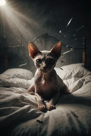 Generate an image of a Sphynx cat awake in bed, with a distressed expression and nine swords floating in the air, symbolizing anxiety, fears, and nocturnal worries.