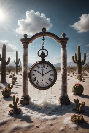 In a salt desert, a giant pocket watch rests among salt pillars, while on the horizon, a blooming cactus drops water droplets that turn into soap bubbles.