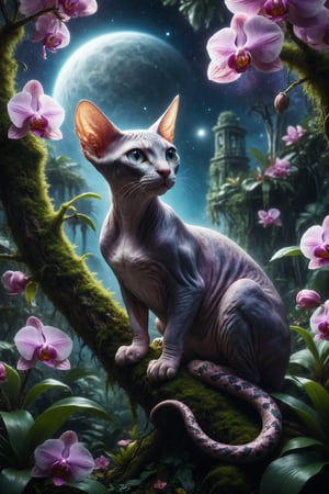 Create an illustration of a Sphynx cat with a snake tail, resting on a tree branch in an orchid garden on a distant planet in space.