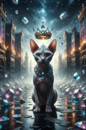  Create a fantastical scene where a Sphynx cat with a crown of luminous crystals walks through a maze of mirrors in a floating castle in the sky.