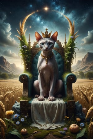 Design a scene of a Sphynx cat on a throne surrounded by nature, with wheat fields and a river flowing nearby. The cat wears a crown of stars and holds a scepter, symbolizing fertility, abundance, and creativity.