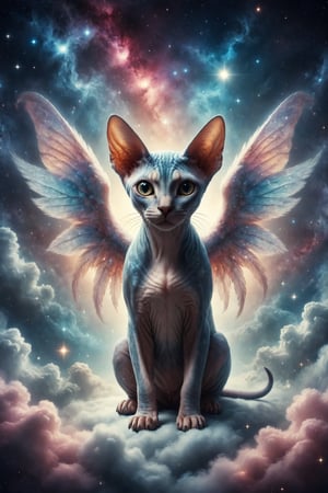 Create an illustration of a Sphynx cat with angel wings, floating among the clouds in a starry sky full of bright constellations and radiant nebulae.