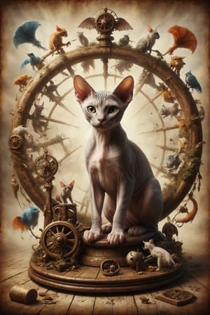 Create an image of a Sphynx cat in the center of a spinning wheel with mythical creatures at the four corners, symbolizing the cycles of life, luck, and destiny.