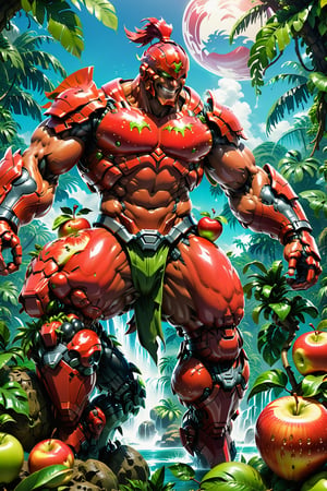 High definition photorealistic render of a incredible and mysterious mythological character of a warrior slime with the body of a man red, head and body apple inspiration desig fruit in the character, located in a tropical jungle and with a big smile, a well-armed warrior character ready for war, an excellent muscular apple with hypermaximalist details,mecha,animification,robot