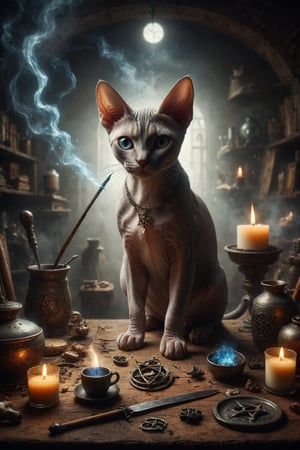 Create an image of a Sphynx cat at a worktable, surrounded by the four elements: a cup, a sword, a wand, and a pentacle. The cat holds a magic wand, symbolizing the power and skill to manifest desires.