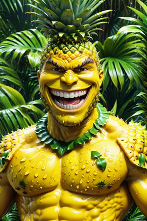 High definition photorealistic render of a incredible and mysterious mythological character of a warrior slime with the body of a man yellow, head and body pineapple inspiration desig fruit in the character, located in a tropical jungle and with a big smile, a well-armed warrior character ready for war, an excellent muscular pineapple with hypermaximalist 