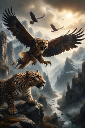 Design a scene of a leopard with the talons of an eagle lurking from the heights of the mountains.