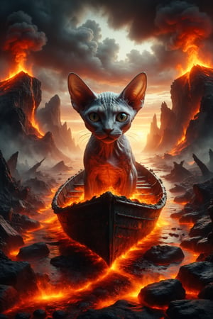 Generate a surreal image of a Sphynx cat with fire skin sailing on a glass boat through a sea of lava in a hellish landscape, where volcanoes roar in the distance.