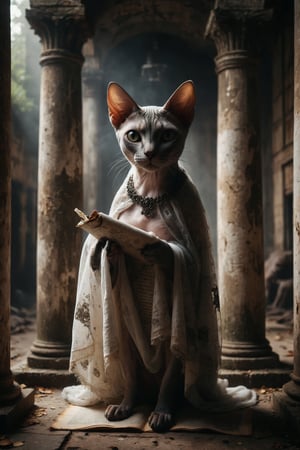 Generate a scene with a Sphynx cat sitting between two columns, one black and one white. The cat holds a scroll and has a veil behind it, symbolizing mystery, wisdom, and intuition.