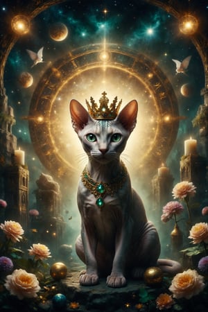 The central image should be a majestic Sphynx cat with a starry background and astrological symbols. The cat wears a golden crown and is surrounded by a halo of golden light. At the bottom, he added subtle, ornate floral details in gold and emerald tones. Use deep, rich colors such as dark blue, deep purple and gold to give a sense of mystery and spirituality. The design should evoke a sense of luxury and magic, inviting the user to explore the world of tarot with reverence and wonder.