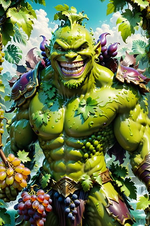 High definition photorealistic render of a incredible and mysterious mythological character of a warrior slime with the body of a man, head of grapes fruit located in a tropical jungle and with a big smile, a well-armed warrior character ready for war, an excellent muscular grapes with hypermaximalist details,mecha
