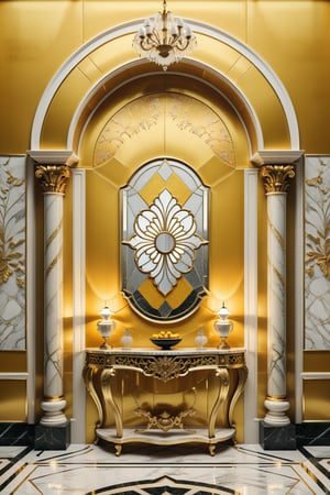 (best quality,  highres,  ultra high resolution,  masterpiece,  realistic,  extremely photograph,  detailed photo,  8K wallpaper,  intricate detail,  film grains),  High definition photorealistic photography of luxurious 
entrance console in yellow, in marble, metal and glass, with fine details and clean finishes, a cinematographic shot in marble and glass with iridescent iridescent effect, detailed explosion of the scenery, with fabrics, Full of elegant mystery, symmetrical, geometric and parametric details, Technical design, Ultra intricate details, Ornate details. shutter speed 1/1000, f/22, white balance, vintage aesthetic, retro aesthetic, retro film, dramatic setting, horror film
