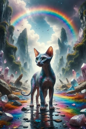 Design a fantasy scene where a Sphynx cat with marble skin walks along a rainbow path in a valley of crystals in an enchanted realm.