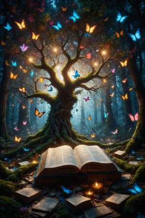 In an enchanted forest, tree branches are intertwined with open books emitting light, while paper butterflies flutter among the pages, creating a colorful display.