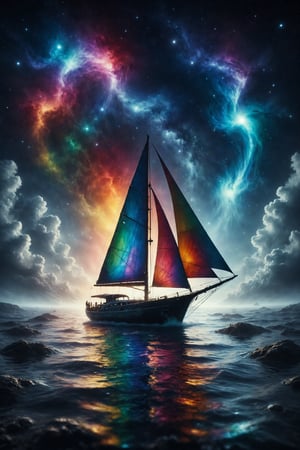  Design a surreal scene where a yacht with rainbow sails sails through a sea of liquid glass under a starry sky full of bright constellations.