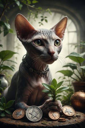 Create an image of a Sphynx cat patiently observing a slowly growing plant, symbolizing waiting, patience and evaluating long-term progress with 7 large coins with engraved pentacles
