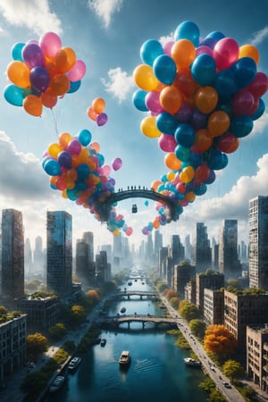 Create an image of a floating city in the sky, held up by colorful balloons and connected by glass bridges.