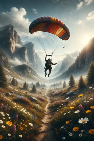 Design a scene of a person parachuting over a valley full of wildflowers.