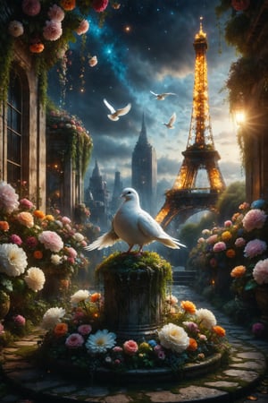 Design a surreal tableau featuring a bioluminescent white dove perched upon a velvet-covered pedestal adorned with delicate chains, surrounded by a riot of colorful blooms in a lavish garden beneath the twinkling lights of the Eiffel Tower. This captivating scene seamlessly blends natural beauty with opulent textures and urban sophistication.