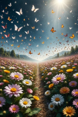 Design a scene of a flower field where petals turn into butterflies and flutter around like leaves in the wind.