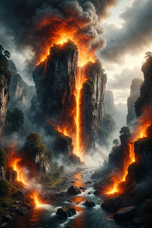 Generate an image of a cliff with waterfalls of fire flowing upwards instead of downwards.