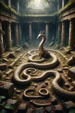 Design a scene of a snake with goat legs slithering through an ancient labyrinth in search of lost treasures.